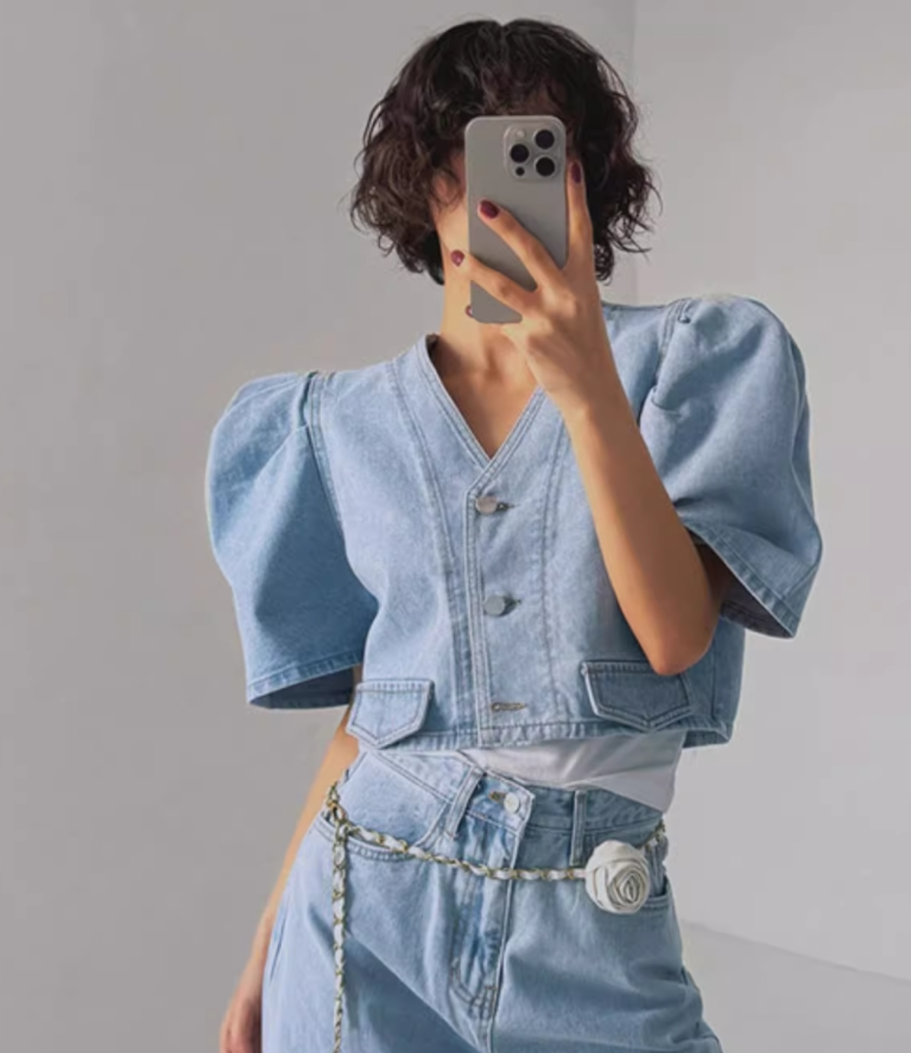 Denim Jacket Vintage - Vintage-Jeansjacke mit kurzen Puffärmeln im koreanischen
