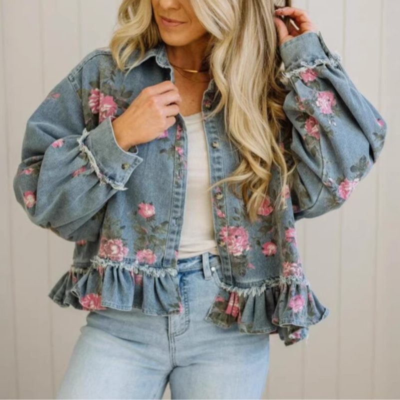 Denim Jacket Vintage - Damen-Jeanshemdjacke mit Blumenmuster, Revers, Knopfleiste, Rüschensaum,