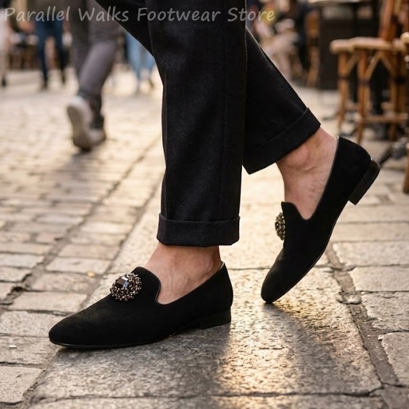 Suede Loafers Men - Herren Wildleder-Loafer mit Strass-Kristall-Verzierung, Slip-On Anzugschuhe,