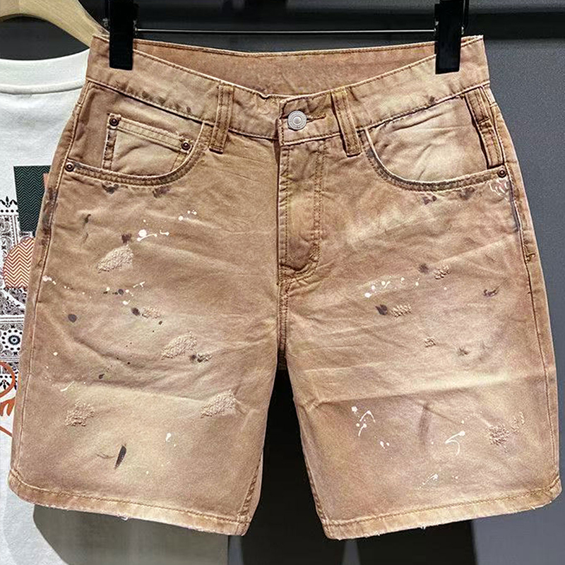 Men'S Fashion Korea - Hip-Hop Streetwear Herren-Jeansshorts Sommer-Mode Khaki Graffiti-Scratches