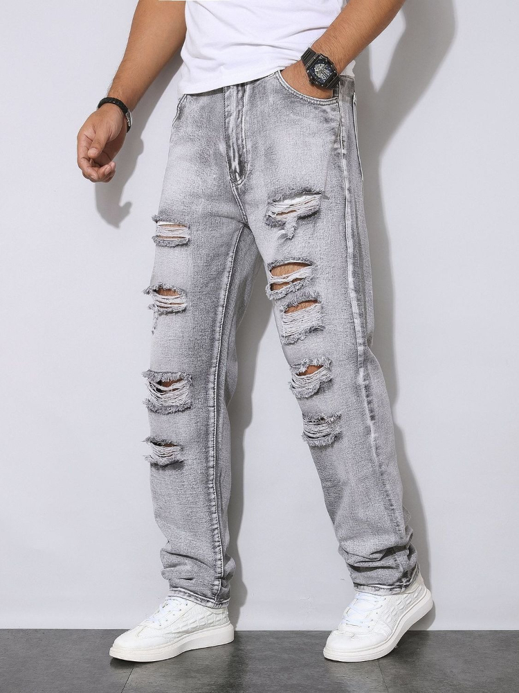 Men'S Fashion Grey Jeans - Herren Herbst-Winter Distressed Graue Denim-Hose Amerikanische