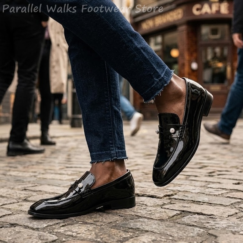 Suede Loafers Men - Herren Schwarze Lackleder-Imitat Strass-Loafer Slip-On Anzugschuhe