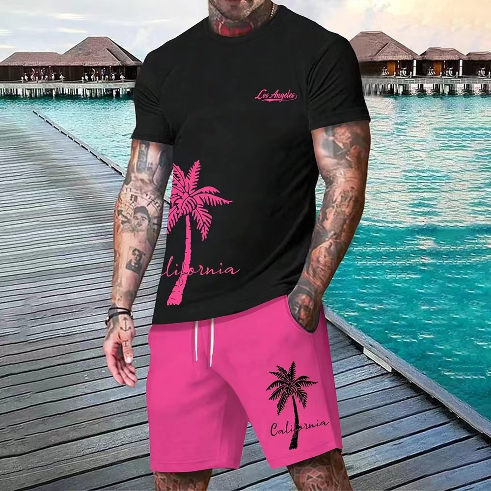 Men'S Fashion Rules - Herrenanzug, neu, Hawaii-Gradient-Kokosnuss-Print, Sommer-Strand-T-Shirt und Hose,